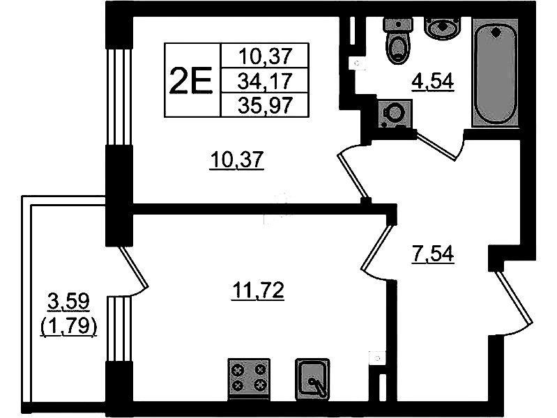 1-комнатная квартира 35.97 м², 2/4 эт., ЖК «Новая история»